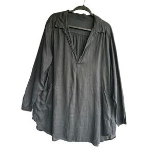 CP Shades Linen Tunic Top Charcoal Black Oversize V-Neck Long Sleeve Pocket L